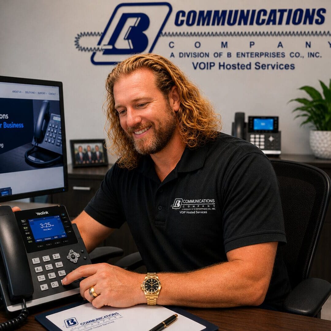 B Communications technician configuring a Yealink VoIP business phone